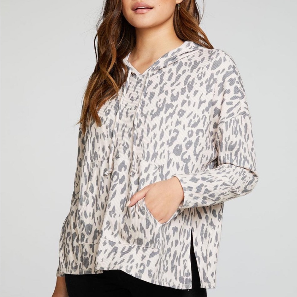 Chaser Cheetah Love Rib Long Sleeve Drop Shoulder Slit Side Pullover Hoo…